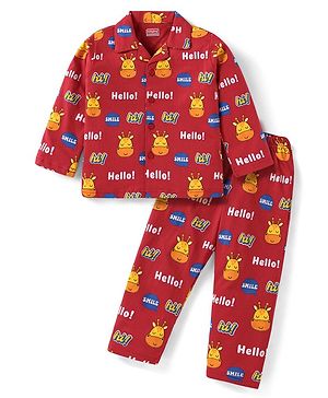 Babyhug Cotton Knit Full Sleeves Giraffe & Text Printed Night Suit - Dark Red
