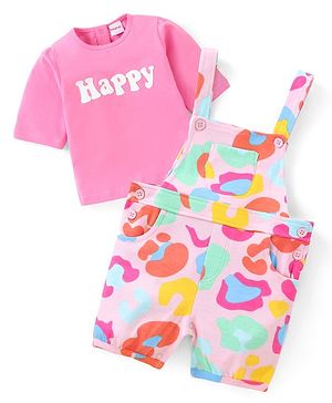Babyhug Single Jersey Knit Dungaree  Half Sleeves T-Shirt with Text & Abstract Print - Multicolour