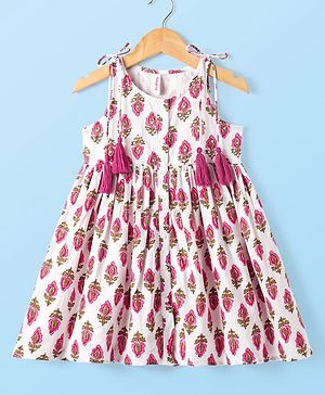Babyhug Cotton Woven Sleeveless Ethnic Dress with Floral Print - White