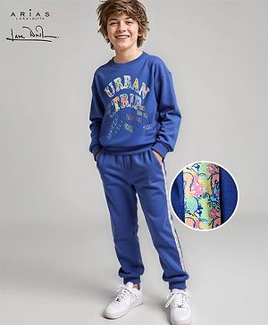 Arias Cotton Terry Knit Full Sleeves Winterwear Drop Shoulder Sweatshirt & Joggers Set with Text Print - Navy Blue