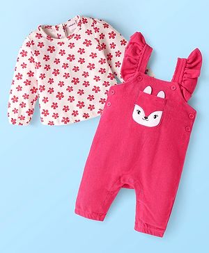 Babyhug Single Jersey Knit Dungaree & Full Sleeves Floral Printed T-Shirt - Dark Pink & White
