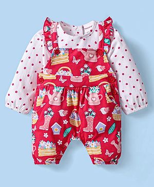 Babyhug Single Jersey Knit Full Sleeves Polka Dots Printed T-Shirt & Dungaree Set with Floral Print - Red & White