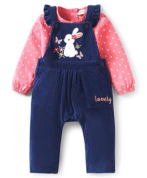 Babyhug Single Jersey Knit Dungaree & T-Shirt With Floral & Animal Embroidery - Pink & Navy