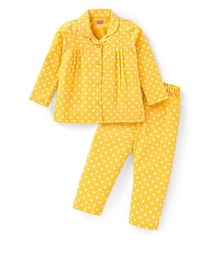 Babyhug Cotton Knit Full Sleeves Front Open Night Suit With Polka Dot Print - Yellow
