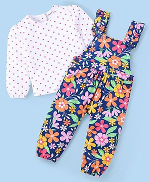 Babyhug Single Jersey Knit Full Sleeves Polka Dots & Floral Printed T-Shirt & Dungaree Set - Navy Blue
