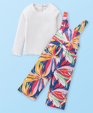 Babyhug Single Jersey Knit Full Sleeves Solid T-Shirt and Dungaree Set Floral Print - Blue Yellow & White