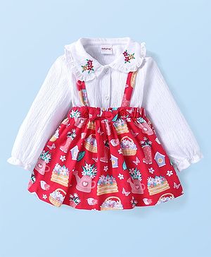 Babyhug Single Jersey Knit Butterfly Printed Skirt With Floral Embroidered Top With Peter Pan Collar - White & Red