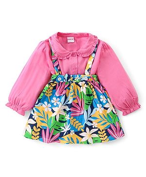 Babyhug Single Jersey Knit Full Sleeves Solid Colour Peter Pan Collared Top & Floral Printed Skirt - Pink & Blue