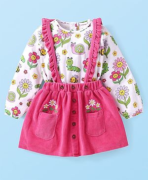 Babyhug Single Jersey Knit Full Sleeves Top & Skirt with Floral Print & Frill Detailing - Pink & White
