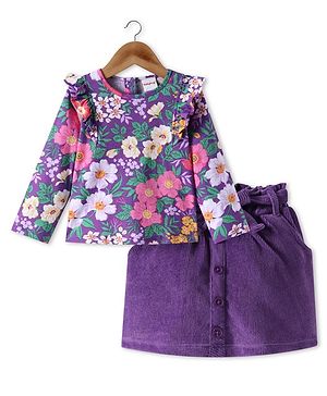 Babyhug Single Jersey Knit Full Sleeves Top & Skirt With Floral Print - Purple