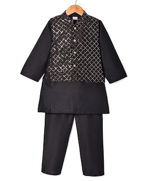 Babyhug Woven Full Sleeves Solid Colour Kurta Payjama Set with Sequinned  Embroidered Jacket - Black