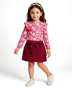 Babyhug Single Jersey Knit Full Sleeves Floral Printed Top & Mid Thigh Length Corduroy Skirt Set - Pink & Maroon