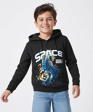 Pine Kids Cotton Knit Full Sleeves Hooded Sweatshirt with Space Theme Print - Black