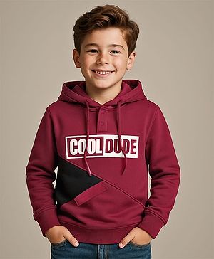 Pine Kids Cotton Knit Full Sleeves Cut & Sew Design Hooded Sweatshirt with Text Print - Maroon