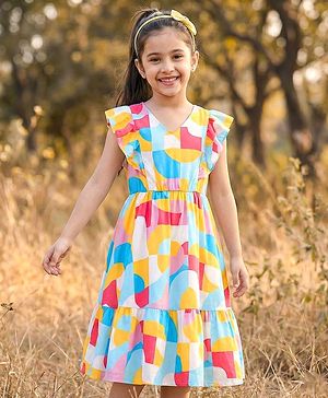 Pine Kids Viscose Woven Frill Sleeves Frock With Abstract Print - Multicolor