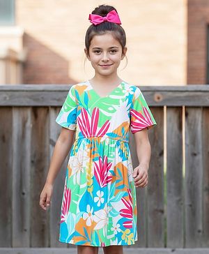Pine Kids Viscose Woven Half Sleeves Frock With Floral Print - Multicolor