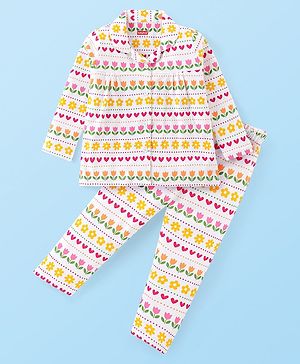 Babyhug Cotton Knit Full Sleeves Front Open Floral Printed Night Suit - White