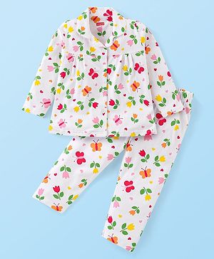 Babyhug Cotton Knit Full Sleeves Front Open Floral Printed Night Suit - Off White