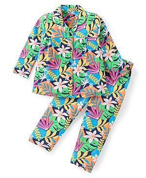 Babyhug Cotton Knit Full Sleeves Front Open Floral Printed Night Suit - Pink