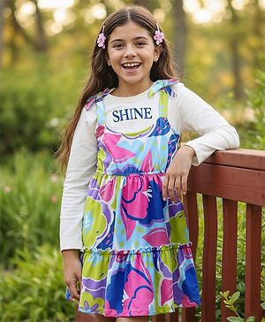 Pine Kids Cotton Knit Floral Printed Frock With Full Sleeves Inner Tee - White