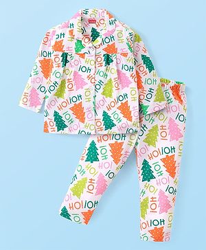 Babyhug Cotton Knit Full Sleeves Front Open Christmas Theme Printed Night Suit - White