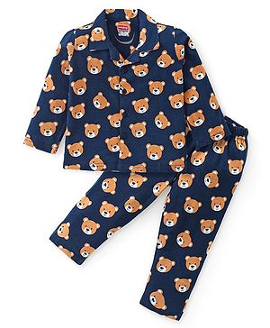 Babyhug Cotton Knit Full Sleeves Front Open Collar Neck Night Suit with Teddy Bear Print - Navy Blue