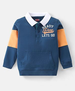 Babyhug Cotton Knit  Full Sleeves Polo  T-Shirt  Striped & Text Print with Pocket Detailing - Navy Blue & Orange