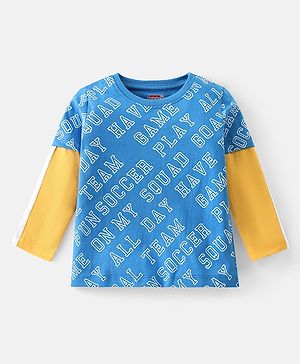 Babyhug Cotton Knit Full Doctor Sleeves T- Shirt with Text Print - Blue & Yellow