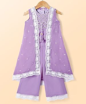 Babyhug Woven Sleeveless Sequinned Embroidered Top & Palazzo Set with Lace Detailed Shrug - Lavender