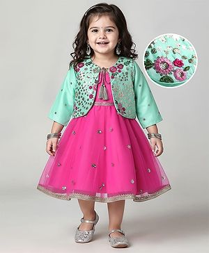 Babyhug Woven Ethnic Dress with Three Fourth Sleeves Shrug & Sequin Detailing & Floral Embroidery - Dark Pink & Sea Green