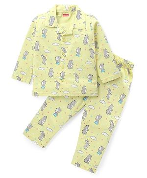 Babyhug Cotton Knit Full Sleeves Front Open Night Suit With Bunny & Bear Print - Yellow