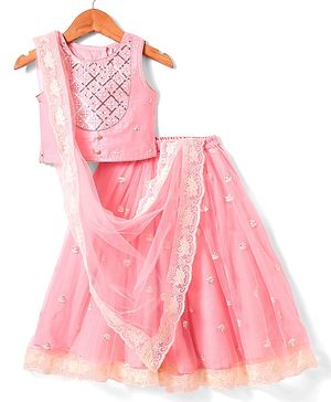 Babyhug Woven Sleeveless Lehenga Choli Set & Dupatta With Sequin & Floral Embroidery - Pink