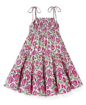 Babyhug Cambric Woven Sleeveless Floral Printed Ethnic Dress -  White