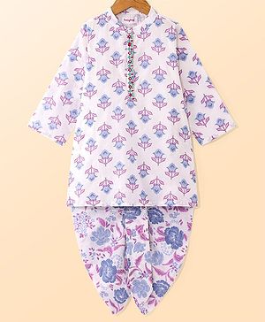 Babyhug Cambric Woven Full Sleeves Floral Printed Kurta Dhoti Set - Blue