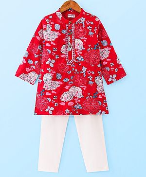 Babyhug Cambric Cotton Woven Full Sleeves Floral Print Kurta Pyjama Set - Red