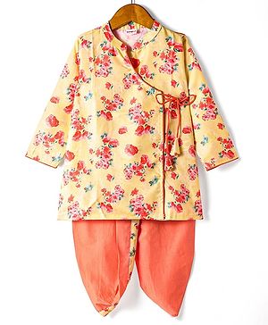 Babyhug Cambric Woven Full Sleeves Floral Printed Kurta Dhoti Set - Yellow & Orange