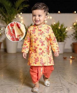 Babyhug Cambric Woven Full Sleeves Floral Printed Kurta Dhoti Set - Yellow & Orange
