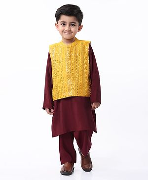 Babyhug Woven Full Sleeves Solid Kurta Pyjama Set with Sequin Embroidered Jacket - Maroon