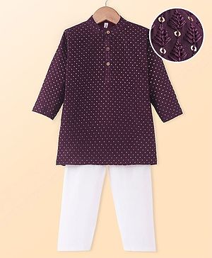 Babyhug Woven Full Sleeves Kurta Pyjama Set With Sequin Embroidery - Wine