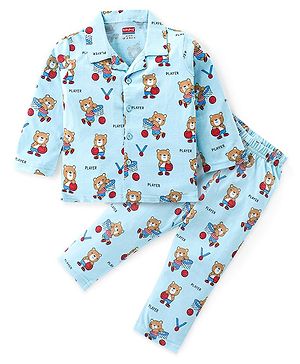 Babyhug Cotton Knit Full Sleeves Front Open Night Suit Bear Print - Sky Blue