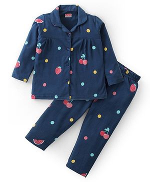 Babyhug Cotton Knit Full Sleeves Collared Night Suit With Fruits & Polka Dots Print - Navy