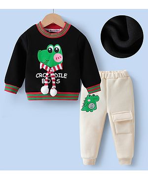 Kookie Kids Full Sleeves Winter Wear Set With Crocodile Print & Applique - Black