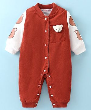 Kookie Kids Full Sleeves Winter Wear Romper with Teddy Bear Print & Applique - Brown
