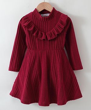 Kookie Kids Full Sleeves Frill Detailed Solid Color Frock - Maroon