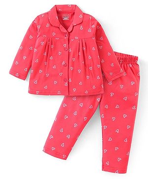 Babyhug Cotton Knit Full Sleeves Collared Night Suit With Hearts Print - Dark Pink