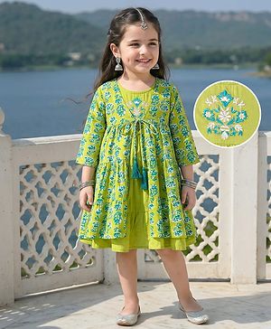 Babyhug Cotton Woven Tiered Frock with Three Fourth Sleeves Floral Printed Tie Up Shrug - Limegreen