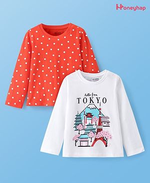 Honeyhap Premium 100% Cotton Knit Full Sleeves T-Shirts With Bio Finish Polka Dot & Mountain Print Pack of 2 - Bright White & Red