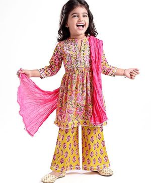 Babyhug Cotton Woven Three Fourth Sleeves Floral Printed Kurti with Palazzo & Dupatta Set - Mustard & Pink