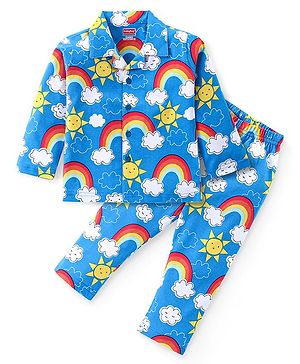 Babyhug Cotton Knit Full Sleeves Night Suit with Rainbow Print - Blue