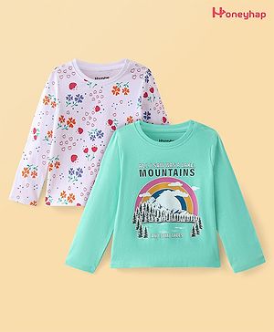 Honeyhap Premium  100% Cotton Knit Full Sleeves Tops with Floral Print Pack of 2 - Pool Green & Bright White